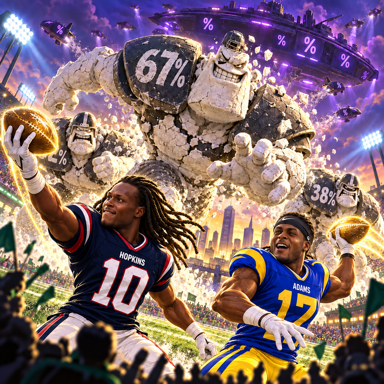 Cartoon DeAndre Hopkins in Texans-style navy, red and white and Davante Adams in Rams-style royal blue and yellow fight invading chalk football monsters.